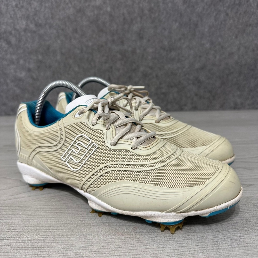 FootJoy Aspire Womens Sz 9 Golf‎ Shoes Beige White Blue Spiked Model 98895